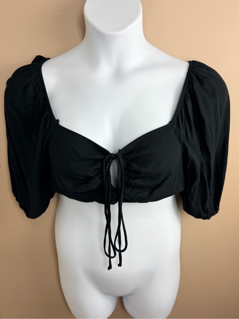 Wild Fable Black Puff Sleeve Crop Top Adjustable Tie Front Smocked Cottagecore